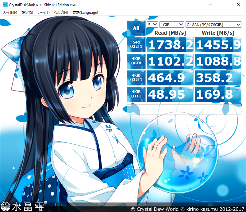 CrystalDiskMark Cドライブ結果：「mouse F5-i5 (インテル Core i5-8265U 搭載)」コラボモデル