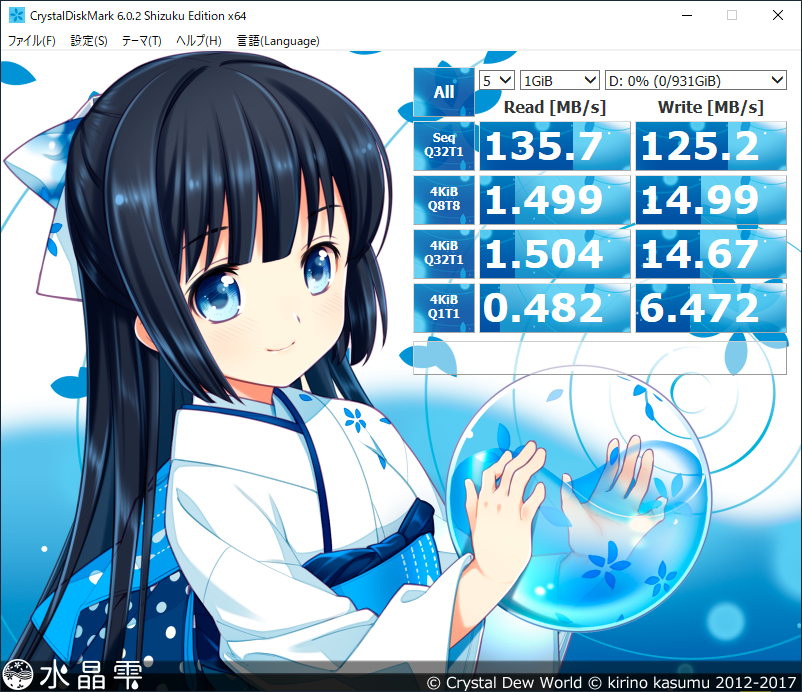 CrystalDiskMark Dドライブ結果：「mouse F5-i5 (インテル Core i5-8265U 搭載)」コラボモデル