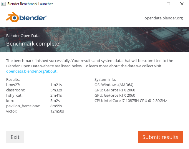 Blender ベンチマーク結果（CUDA）：DAIV 5N（2020年モデル）