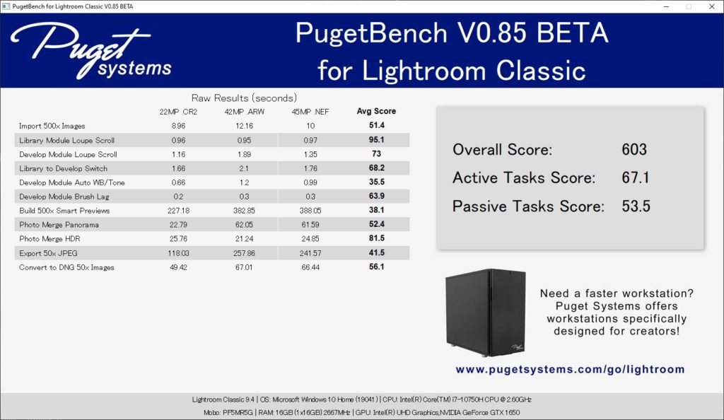 Adobe Lightroom Classic ベンチマーク結果：DAIV 5P（2020年モデル）