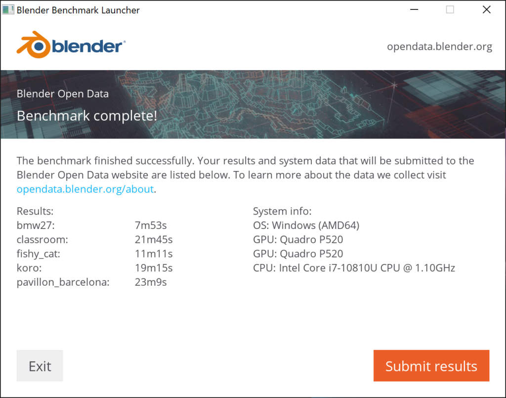Blender（CPU） ベンチマーク結果：ZBook Firefly 14 G7 Mobile Workstation
