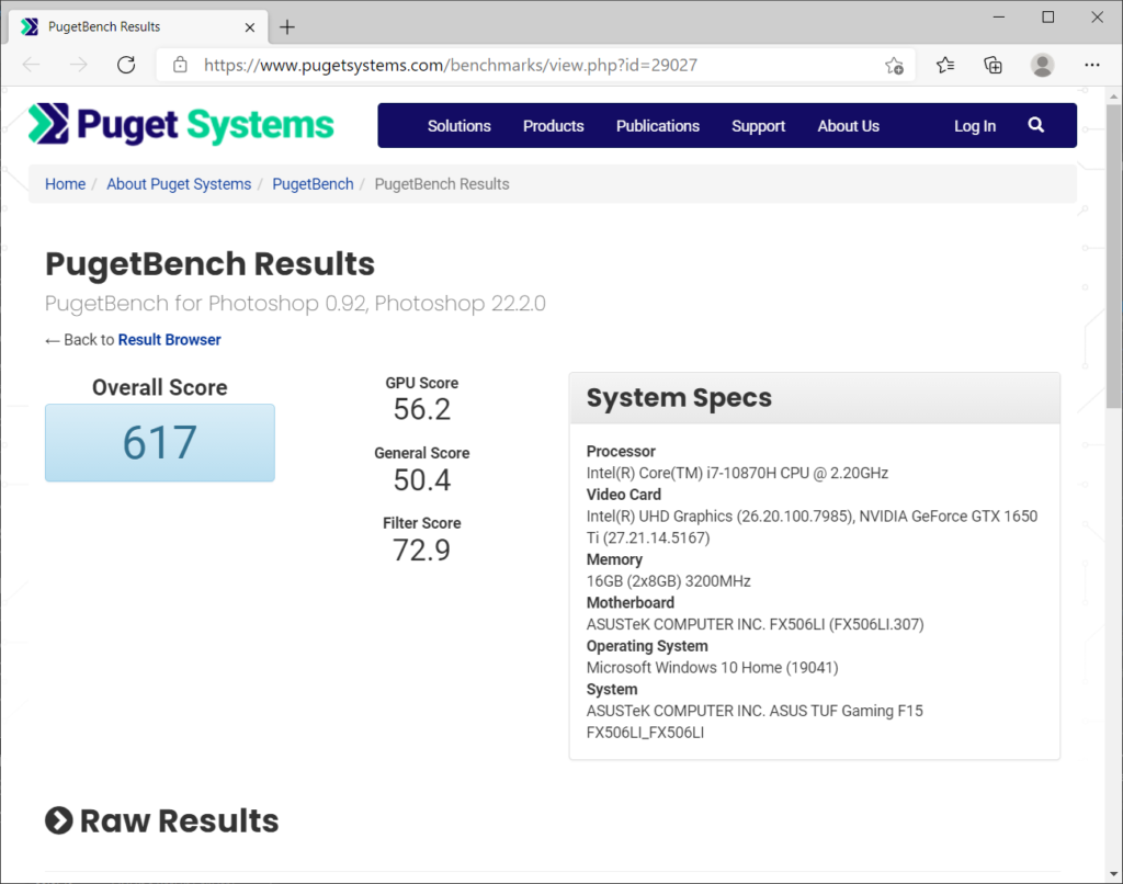 PugetBench for Photoshop 0.92ベンチマーク結果：FX506LI-I78G1650TIS