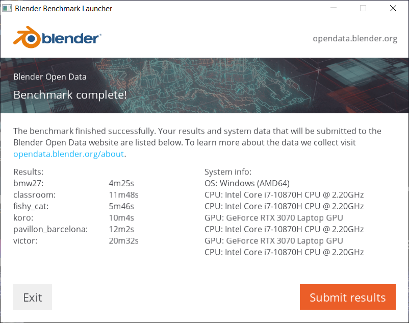 Blender（CPU）ベンチマーク結果：G-Tune H5 (32GBモデル)