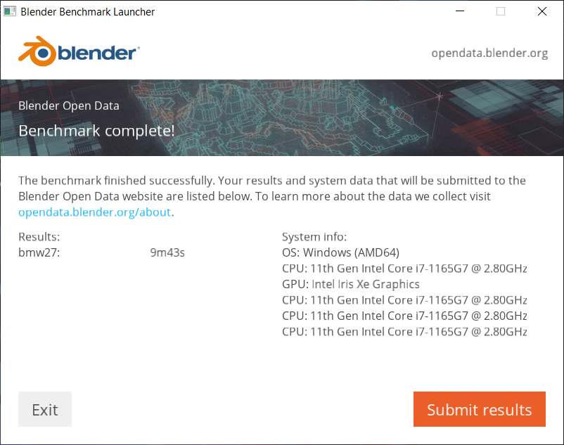 Blender ベンチマーク結果（CPU）：ASUS ZenBook 13 OLED UX325EA (UX325EA-KG409TS)