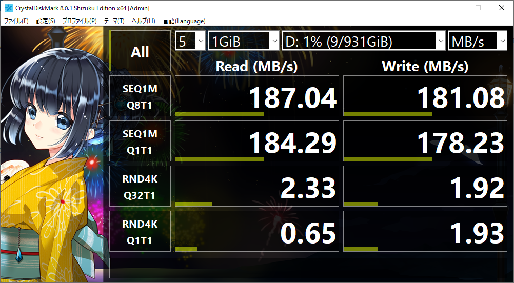 CrystalDiskMark ベンチマーク結果：Lenovo Legion T550i （90NC0079JM）：HDD