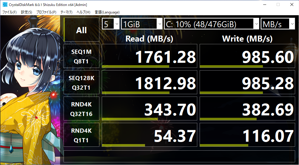 CrystalDiskMarkベンチマーク結果：ASUS ZenBook 14 Ultralight UX435EAL （UX435EAL-KC099TS）