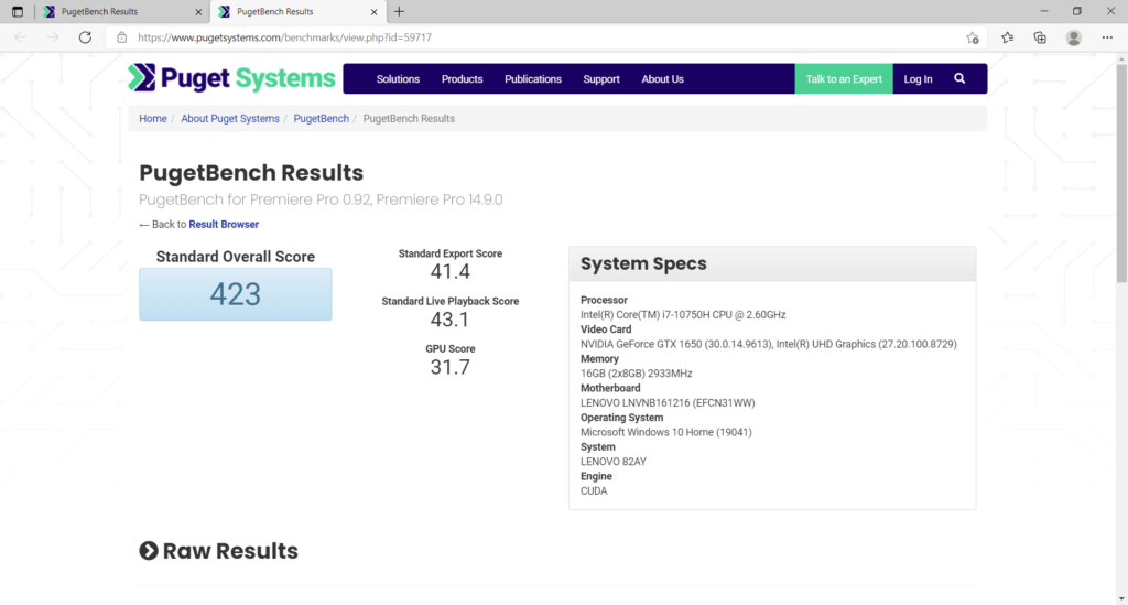 Adobe Premiere Pro ベンチマーク結果：Lenovo Legion 550Pi（82AY001TJP）