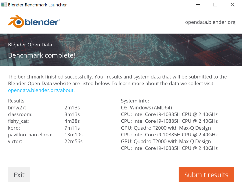 Blender ベンチマーク結果：Lenovo ThinkPad P1 Gen 3（Quadro T2000 搭載モデル）