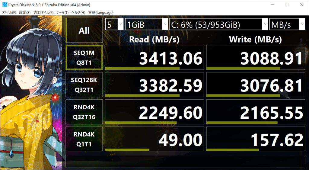 CrystalDiskMark ベンチマーク結果：Lenovo Legion 760（82N6006LJP）