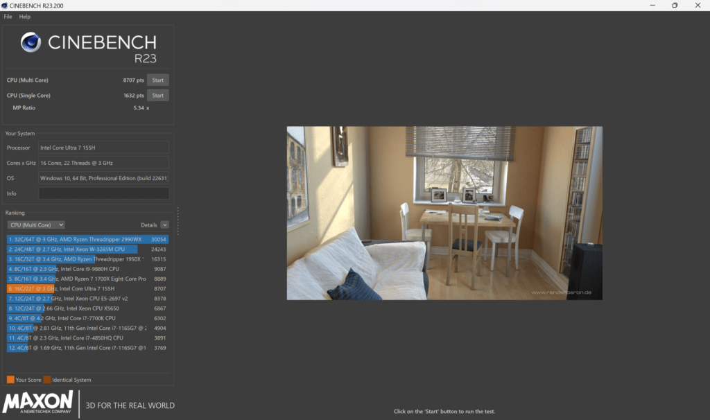 CINEBENCH R23ベンチマーク結果:DAIV S4-I7G60SR-C(S4I7G60SRCDCW101DEC)